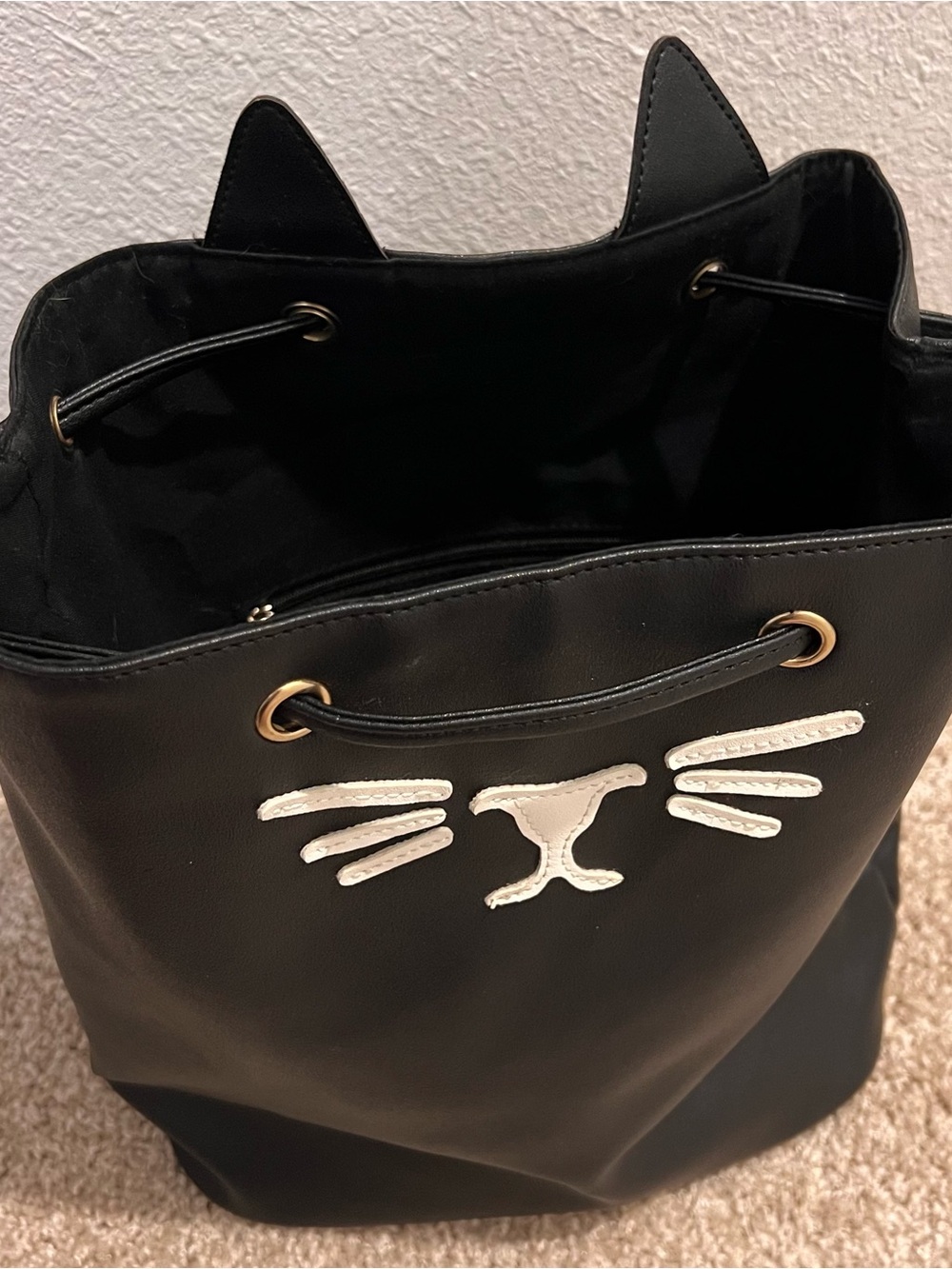 Deb & Dave Black Cat Drawstring Backpack | Kawaii Cat Ear Faux Leather Bag - Picture 5 of 6